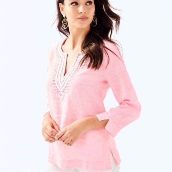LILLY PULITZER Amelia Island Embroidered 100% Linen Coral Tunic Top Size XS - Picture 3 of 11